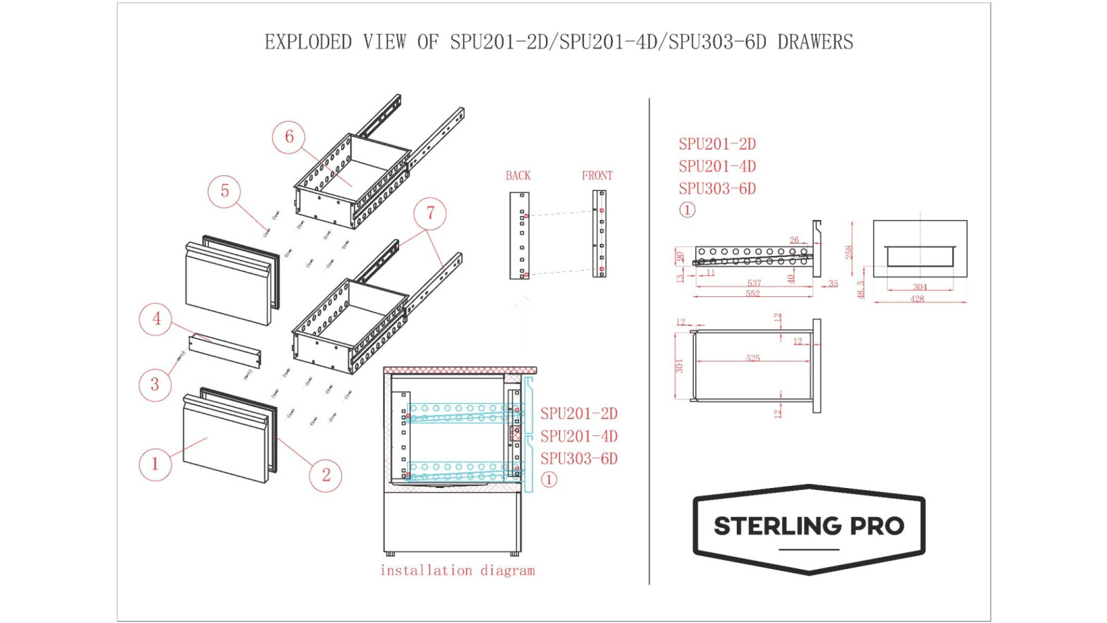 Sterling Pro Cobus SPU201-2D Undermounted Fridge Counter 2 Drawers 1 Door, 230 Litres